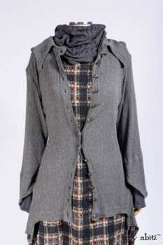 Chittister Shirt Jacket in Slate Ribbed Knit; Chittister Frock in Slate and Brownstone Plaid Wool; Elliot Dress in Slate Washed Knit; Lydia Neck Wrap and Lydia Arm Sleeves in Slate Washed Knit.