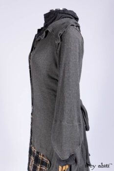 Chittister Shirt Jacket in Slate Ribbed Knit; Chittister Frock in Slate and Brownstone Plaid Wool; Elliot Dress in Slate Washed Knit; Lydia Neck Wrap and Lydia Arm Sleeves in Slate Washed Knit.