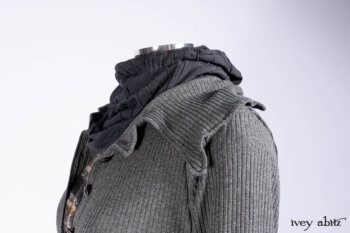 Chittister Shirt Jacket in Slate Ribbed Knit; Chittister Frock in Slate and Brownstone Plaid Wool; Elliot Dress in Slate Washed Knit; Lydia Neck Wrap and Lydia Arm Sleeves in Slate Washed Knit.