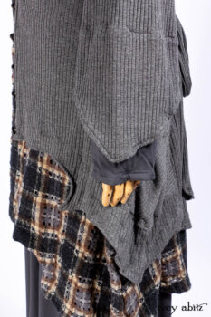 Chittister Shirt Jacket in Slate Ribbed Knit; Chittister Frock in Slate and Brownstone Plaid Wool; Elliot Dress in Slate Washed Knit; Lydia Neck Wrap and Lydia Arm Sleeves in Slate Washed Knit.