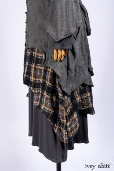 Chittister Shirt Jacket in Slate Ribbed Knit; Chittister Frock in Slate and Brownstone Plaid Wool; Elliot Dress in Slate Washed Knit; Lydia Neck Wrap and Lydia Arm Sleeves in Slate Washed Knit.
