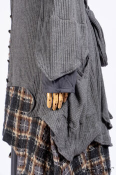 Chittister Shirt Jacket in Slate Ribbed Knit; Chittister Frock in Slate and Brownstone Plaid Wool; Elliot Dress in Slate Washed Knit; Lydia Neck Wrap and Lydia Arm Sleeves in Slate Washed Knit.