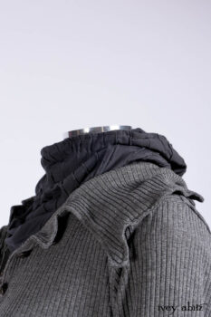 Chittister Shirt Jacket in Slate Ribbed Knit; Chittister Frock in Slate and Brownstone Plaid Wool; Elliot Dress in Slate Washed Knit; Lydia Neck Wrap and Lydia Arm Sleeves in Slate Washed Knit.