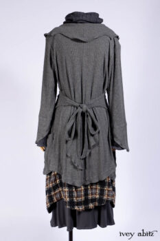 Chittister Shirt Jacket in Slate Ribbed Knit; Chittister Frock in Slate and Brownstone Plaid Wool; Elliot Dress in Slate Washed Knit; Lydia Neck Wrap and Lydia Arm Sleeves in Slate Washed Knit.