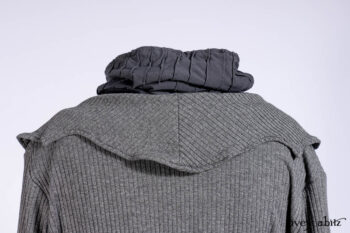 Chittister Shirt Jacket in Slate Ribbed Knit; Chittister Frock in Slate and Brownstone Plaid Wool; Elliot Dress in Slate Washed Knit; Lydia Neck Wrap and Lydia Arm Sleeves in Slate Washed Knit.
