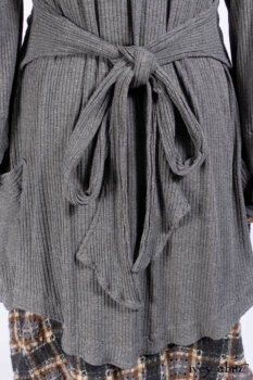 Chittister Shirt Jacket in Slate Ribbed Knit; Chittister Frock in Slate and Brownstone Plaid Wool; Elliot Dress in Slate Washed Knit; Lydia Neck Wrap and Lydia Arm Sleeves in Slate Washed Knit.