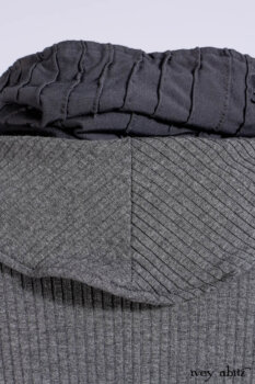 Chittister Shirt Jacket in Slate Ribbed Knit; Chittister Frock in Slate and Brownstone Plaid Wool; Elliot Dress in Slate Washed Knit; Lydia Neck Wrap and Lydia Arm Sleeves in Slate Washed Knit.