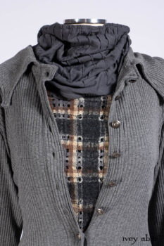 Chittister Shirt Jacket in Slate Ribbed Knit; Chittister Frock in Slate and Brownstone Plaid Wool; Elliot Dress in Slate Washed Knit; Lydia Neck Wrap and Lydia Arm Sleeves in Slate Washed Knit.