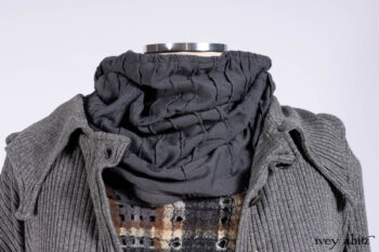 Chittister Shirt Jacket in Slate Ribbed Knit; Chittister Frock in Slate and Brownstone Plaid Wool; Elliot Dress in Slate Washed Knit; Lydia Neck Wrap and Lydia Arm Sleeves in Slate Washed Knit.