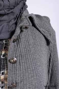 Chittister Shirt Jacket in Slate Ribbed Knit; Chittister Frock in Slate and Brownstone Plaid Wool; Elliot Dress in Slate Washed Knit; Lydia Neck Wrap and Lydia Arm Sleeves in Slate Washed Knit.