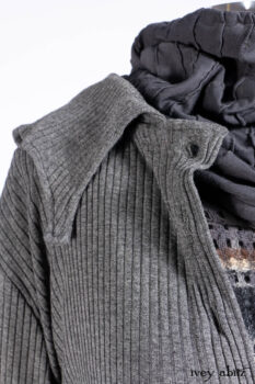 Chittister Shirt Jacket in Slate Ribbed Knit; Chittister Frock in Slate and Brownstone Plaid Wool; Elliot Dress in Slate Washed Knit; Lydia Neck Wrap and Lydia Arm Sleeves in Slate Washed Knit.