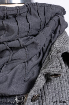 Chittister Shirt Jacket in Slate Ribbed Knit; Chittister Frock in Slate and Brownstone Plaid Wool; Elliot Dress in Slate Washed Knit; Lydia Neck Wrap and Lydia Arm Sleeves in Slate Washed Knit.