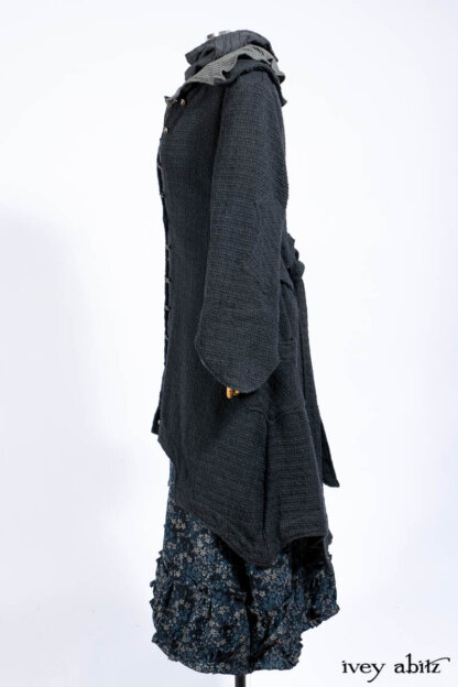 Chittister Duster Coat in Slate Embroidered Windowpane Weave; Chittister Shirt Jacket in Slate Ribbed Knit; Lydia Neck Wrap in Slate Washed Knit; Gabled Frock in Hudson River Floral Jacquard; Cilla Slip Frock in Slate Washed Knit.