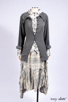 Chittister Shirt Jacket in Slate Ribbed Knit; Truitt Shirt in Slate Floral Knit; Fairholme Frock in Slate Plaid Twill; Cilla Slip Frock in Slate Washed Knit, high water length.