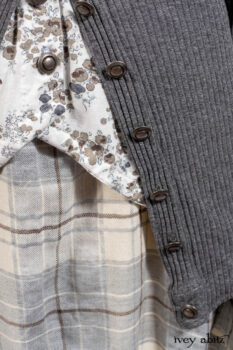 Chittister Shirt Jacket in Slate Ribbed Knit; Truitt Shirt in Slate Floral Knit; Fairholme Frock in Slate Plaid Twill; Cilla Slip Frock in Slate Washed Knit, high water length.