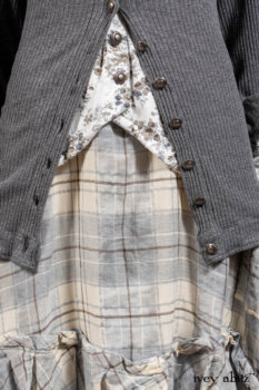 Chittister Shirt Jacket in Slate Ribbed Knit; Truitt Shirt in Slate Floral Knit; Fairholme Frock in Slate Plaid Twill; Cilla Slip Frock in Slate Washed Knit, high water length.