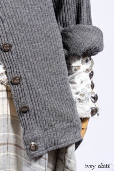 Chittister Shirt Jacket in Slate Ribbed Knit; Truitt Shirt in Slate Floral Knit; Fairholme Frock in Slate Plaid Twill; Cilla Slip Frock in Slate Washed Knit, high water length.