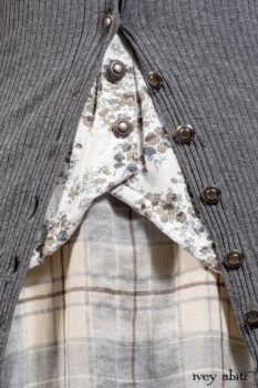 Chittister Shirt Jacket in Slate Ribbed Knit; Truitt Shirt in Slate Floral Knit; Fairholme Frock in Slate Plaid Twill; Cilla Slip Frock in Slate Washed Knit, high water length.
