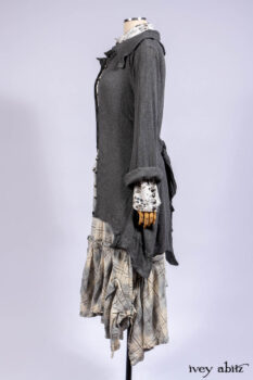 Chittister Shirt Jacket in Slate Ribbed Knit; Truitt Shirt in Slate Floral Knit; Fairholme Frock in Slate Plaid Twill; Cilla Slip Frock in Slate Washed Knit, high water length.