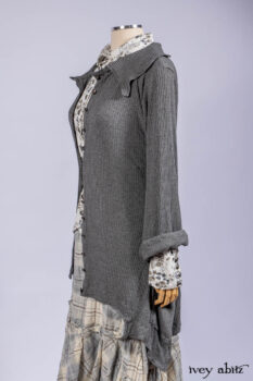 Chittister Shirt Jacket in Slate Ribbed Knit; Truitt Shirt in Slate Floral Knit; Fairholme Frock in Slate Plaid Twill; Cilla Slip Frock in Slate Washed Knit, high water length.