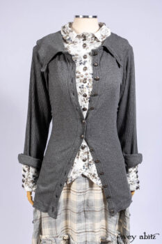 Chittister Shirt Jacket in Slate Ribbed Knit; Truitt Shirt in Slate Floral Knit; Fairholme Frock in Slate Plaid Twill; Cilla Slip Frock in Slate Washed Knit, high water length.