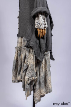Chittister Shirt Jacket in Slate Ribbed Knit; Truitt Shirt in Slate Floral Knit; Fairholme Frock in Slate Plaid Twill; Cilla Slip Frock in Slate Washed Knit, high water length.