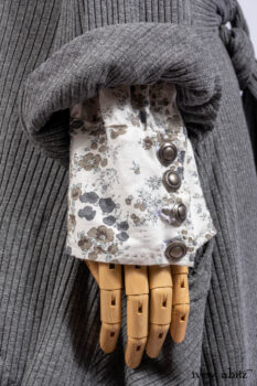 Chittister Shirt Jacket in Slate Ribbed Knit; Truitt Shirt in Slate Floral Knit; Fairholme Frock in Slate Plaid Twill; Cilla Slip Frock in Slate Washed Knit, high water length.
