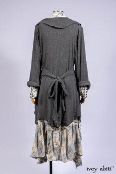 Chittister Shirt Jacket in Slate Ribbed Knit; Truitt Shirt in Slate Floral Knit; Fairholme Frock in Slate Plaid Twill; Cilla Slip Frock in Slate Washed Knit, high water length.