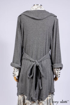 Chittister Shirt Jacket in Slate Ribbed Knit; Truitt Shirt in Slate Floral Knit; Fairholme Frock in Slate Plaid Twill; Cilla Slip Frock in Slate Washed Knit, high water length.