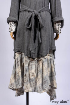 Chittister Shirt Jacket in Slate Ribbed Knit; Truitt Shirt in Slate Floral Knit; Fairholme Frock in Slate Plaid Twill; Cilla Slip Frock in Slate Washed Knit, high water length.