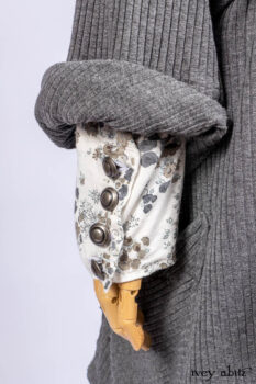 Chittister Shirt Jacket in Slate Ribbed Knit; Truitt Shirt in Slate Floral Knit; Fairholme Frock in Slate Plaid Twill; Cilla Slip Frock in Slate Washed Knit, high water length.