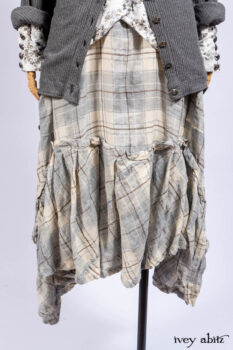 Chittister Shirt Jacket in Slate Ribbed Knit; Truitt Shirt in Slate Floral Knit; Fairholme Frock in Slate Plaid Twill; Cilla Slip Frock in Slate Washed Knit, high water length.