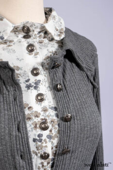Chittister Shirt Jacket in Slate Ribbed Knit; Truitt Shirt in Slate Floral Knit; Fairholme Frock in Slate Plaid Twill; Cilla Slip Frock in Slate Washed Knit, high water length.