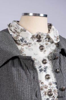 Chittister Shirt Jacket in Slate Ribbed Knit; Truitt Shirt in Slate Floral Knit; Fairholme Frock in Slate Plaid Twill; Cilla Slip Frock in Slate Washed Knit, high water length.