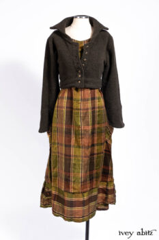 Eugenia Jacket in Central Park Boucl&eacute;, Harrison Frock Central Park Brownstone Plaid Silk; Cilla Slip Frock in Signature Black Ribbed Knit.
