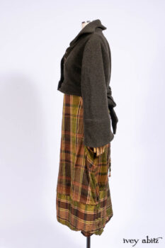 Eugenia Jacket in Central Park Boucl&eacute;, Harrison Frock Central Park Brownstone Plaid Silk; Cilla Slip Frock in Signature Black Ribbed Knit.