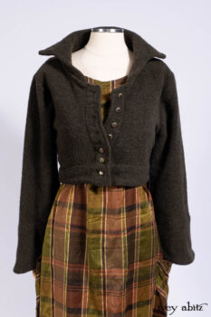 Eugenia Jacket in Central Park Boucl&eacute;, Harrison Frock Central Park Brownstone Plaid Silk; Cilla Slip Frock in Signature Black Ribbed Knit.