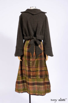 Eugenia Jacket in Central Park Boucl&eacute;, Harrison Frock Central Park Brownstone Plaid Silk; Cilla Slip Frock in Signature Black Ribbed Knit.
