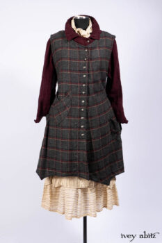 Ellis Frock in Brooklyn Slate Windowpane Wool; Ellis Sash in Uptown Washed Stripe Voile; Ellis Shirt in Apple Washed Crinkled Weave; Libert&eacute; Frock in Uptown Washed Stripe Voile.