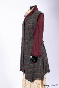 Ellis Frock in Brooklyn Slate Windowpane Wool; Ellis Sash in Uptown Washed Stripe Voile; Ellis Shirt in Apple Washed Crinkled Weave; Libert&eacute; Frock in Uptown Washed Stripe Voile.