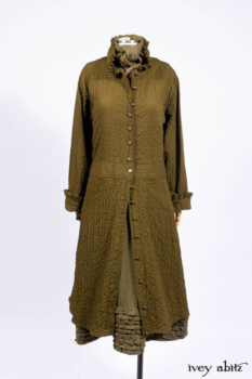 Mathilda Coat Dress in Central Park Puckered Weave; Holkham Hall Necktie in Central Park Embroidered Silk; Cape Frock in Central Park Washed Linen.