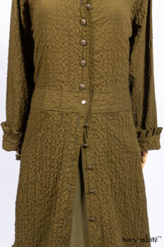 Mathilda Coat Dress in Central Park Puckered Weave; Holkham Hall Necktie in Central Park Embroidered Silk; Cape Frock in Central Park Washed Linen.