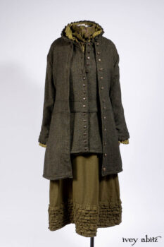 Mathilda Jacket in Central Park Herringbone; Mathilda Vest Central Park Herringbone; Mathilda Shirt in Central Park Washed Stripe Voile; Cape Frock in Central Park Washed Linen.