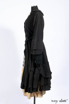 Everett Duster Coat in Mansard Roof Coat Weave; Delphine Dress in Mansard Roof and Sandstone Sprig Silk Chiffon; Everett Frock in Uptown Washed Weave.