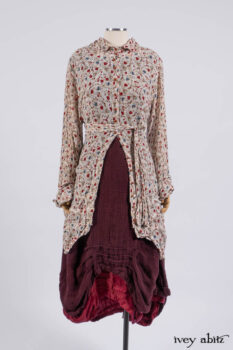 Scattergood Shirt Jacket in Brooklyn Floral Silk Chiffon; Scattergood Frock in Apple Washed Crinkled Weave, high water length; Scattergood Frock in Apple Washed Linen.