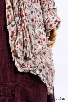 Scattergood Shirt Jacket in Brooklyn Floral Silk Chiffon; Scattergood Frock in Apple Washed Crinkled Weave, high water length; Scattergood Frock in Apple Washed Linen.