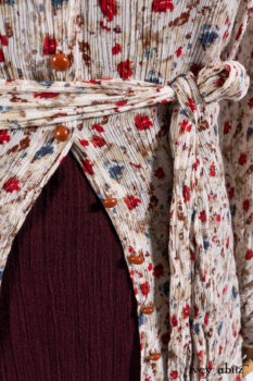 Scattergood Shirt Jacket in Brooklyn Floral Silk Chiffon; Scattergood Frock in Apple Washed Crinkled Weave, high water length; Scattergood Frock in Apple Washed Linen.