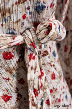 Scattergood Shirt Jacket in Brooklyn Floral Silk Chiffon; Scattergood Frock in Apple Washed Crinkled Weave, high water length; Scattergood Frock in Apple Washed Linen.