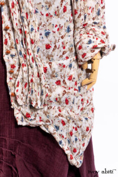 Scattergood Shirt Jacket in Brooklyn Floral Silk Chiffon; Scattergood Frock in Apple Washed Crinkled Weave, high water length; Scattergood Frock in Apple Washed Linen.