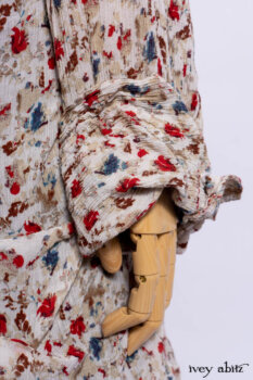Scattergood Shirt Jacket in Brooklyn Floral Silk Chiffon; Scattergood Frock in Apple Washed Crinkled Weave, high water length; Scattergood Frock in Apple Washed Linen.